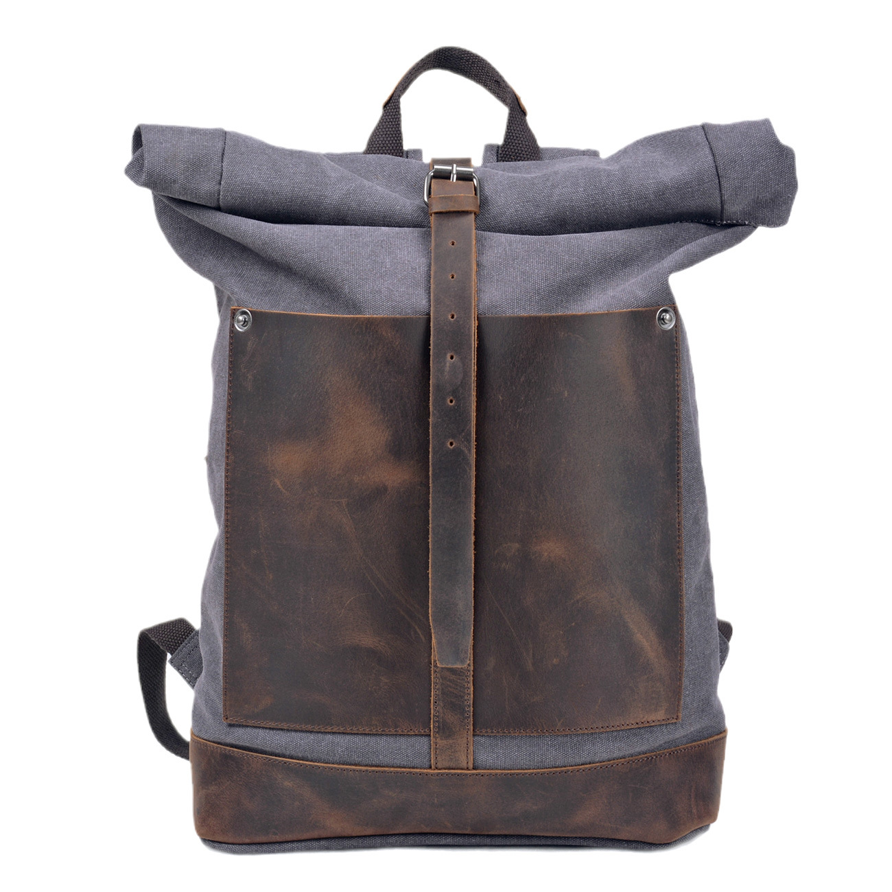Leather Work Rucksack Mens - Men’s Waxed‑Canvas Roll‑Top Rucksack, Genuine Leather