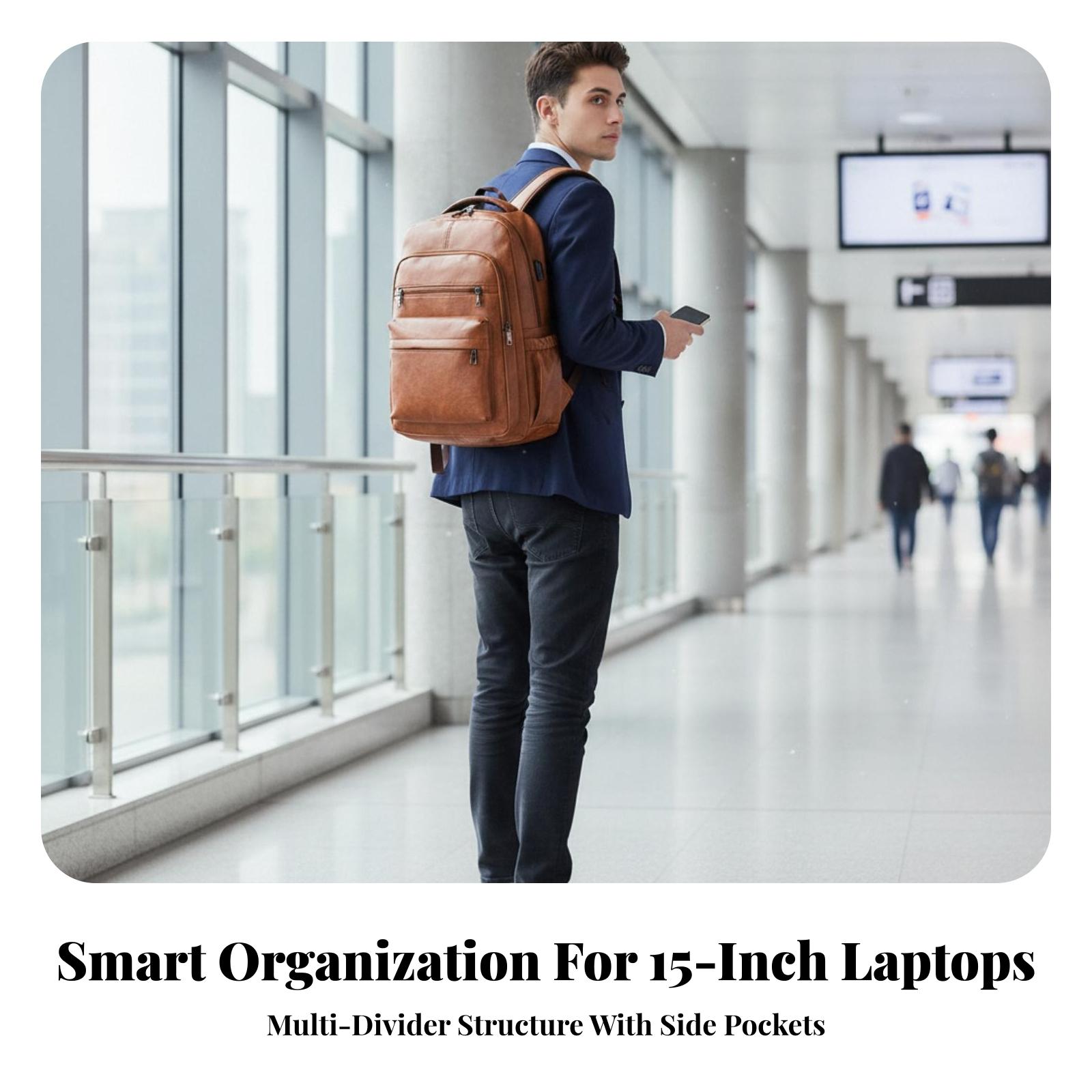 Leather Work Rucksack Mens - Waterproof Men Rucksack with Laptop Compartment